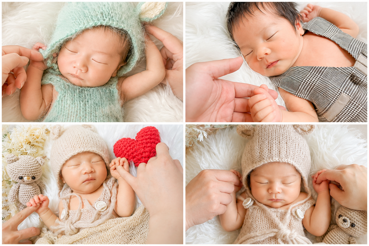 赤ちゃんのお手てを家族で握って撮影するニューボーンフォト