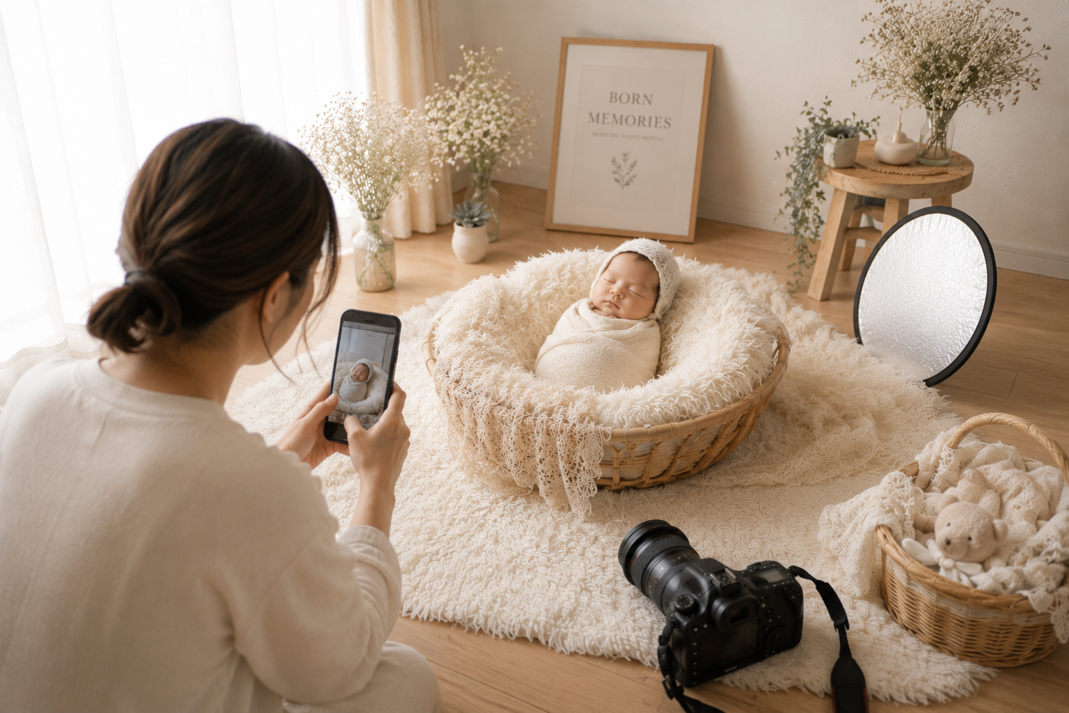 ニューボーンフォト撮影用スマートフォンとカメラ